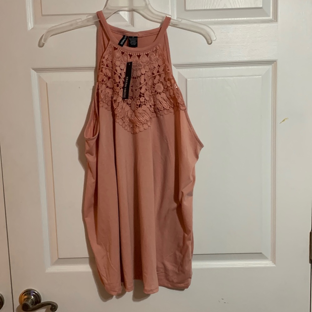 LAST CHANCE!  3X Halter/tank top. Peach-colored, floral embroidered